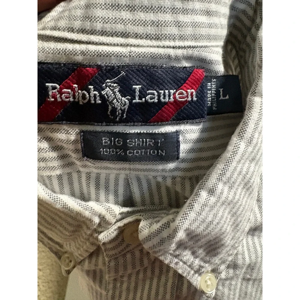 Polo Ralph Lauren Big Shirt Men's Large L Gray White Striped Oxford Button Down